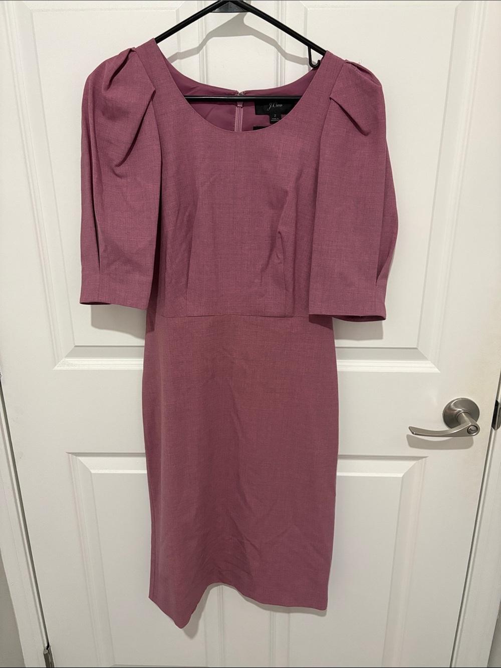 J. Crew Mauve Midi Sheath Dress with Puff Sleeves
